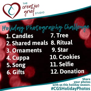 Holiday photography ideas to prompt heARTmaking, including the words candles, shared meals, ornaments, cuppa, song, gifts, tree, ritual, star, cookies, selfie, donation