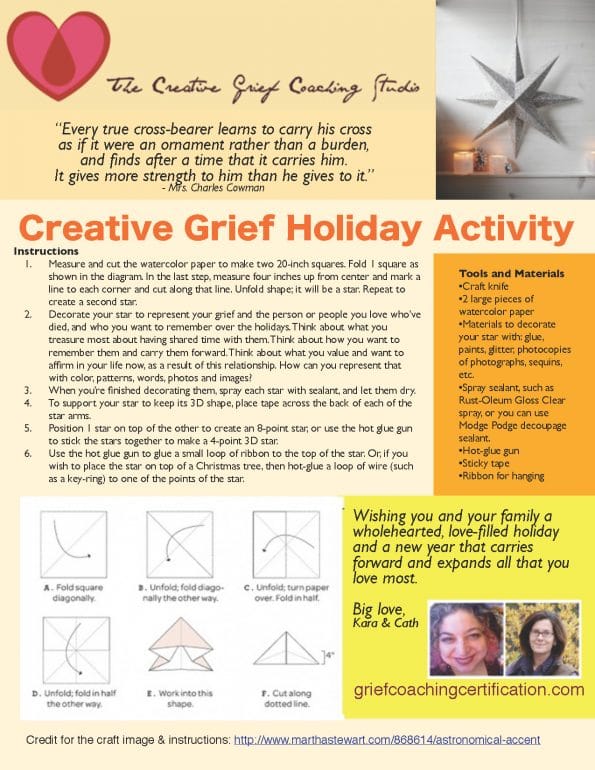 One page of activity details including CGS logo, holiday quote, photos of artwork, details on the how-to part, and message from founders.