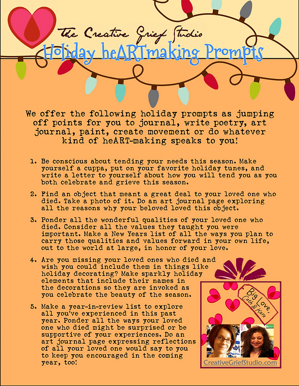 Holiday kit with listing of heART prompts for writing or artmaking.